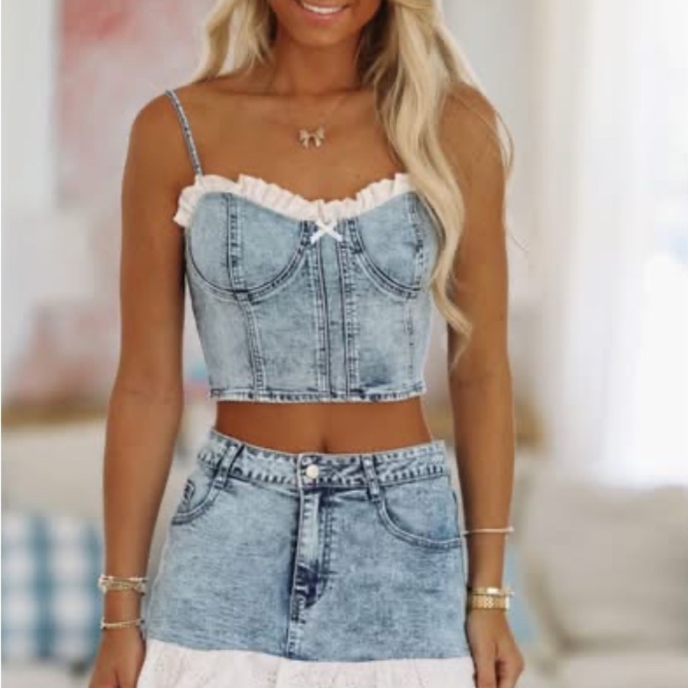 Denim Blue Ruffle Trim Crop Top and Ruffle skirt